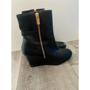Michael Kors Aileen Wedge Bootie Black Leather Ankle Boots Size 7.5